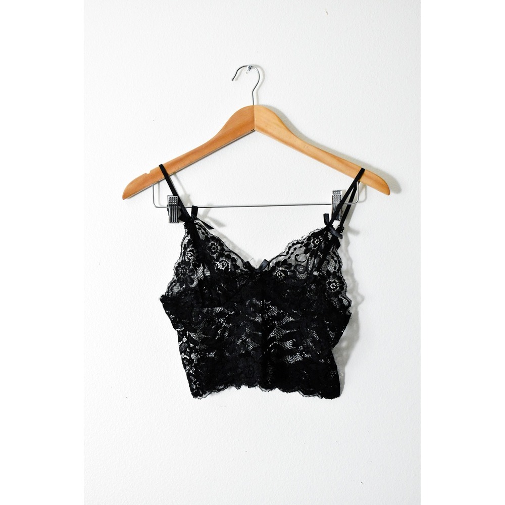 Lace Camisole Crop‎ Top Women Small Black Y2K Coquette Bow Straps